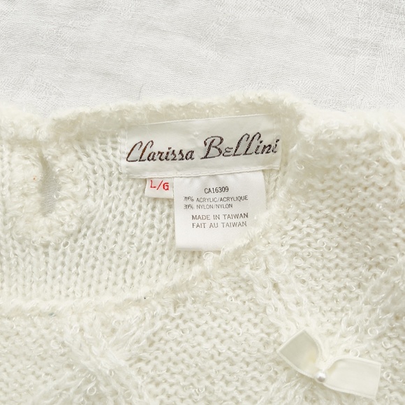 Vintage Cream Cable Knit Sweater with Bows and Pearls Size Large Coquette Girly - Picture 8 of 14